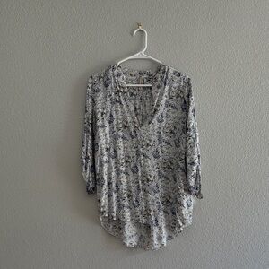 Final Touch Floral V-Neck Blouse - cream and navy blue